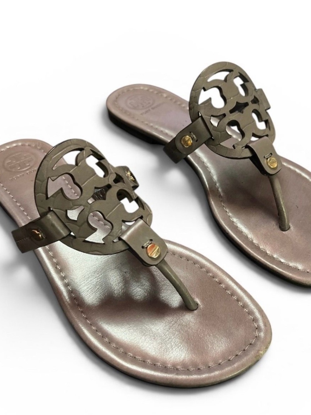 Tory Burch Miller Leather Sandals in a metallic taupe or dusk smoke colorway